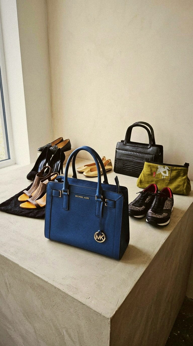 A blue handbag and curated accessories selected for exchange